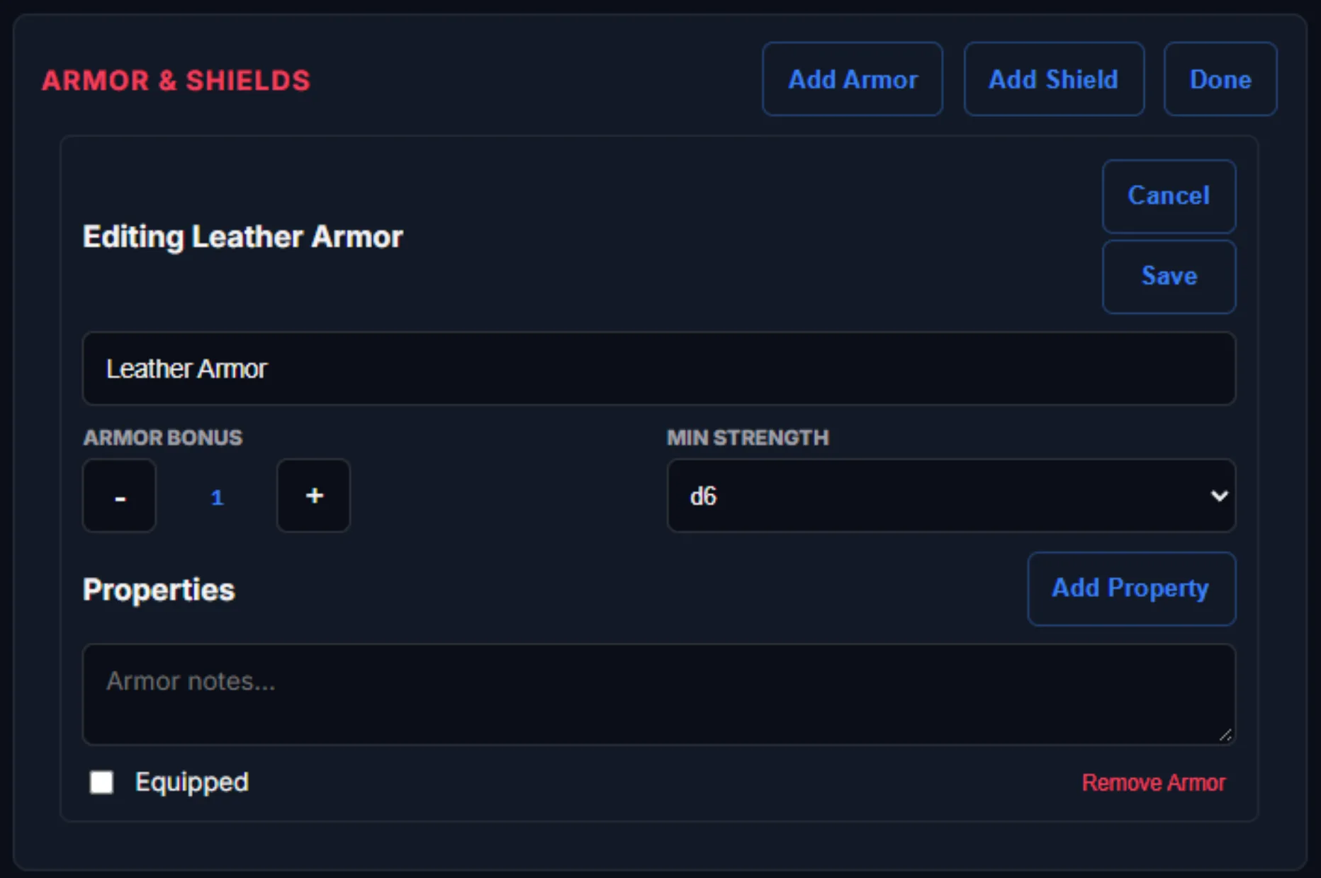 SWADE armor editor with properties