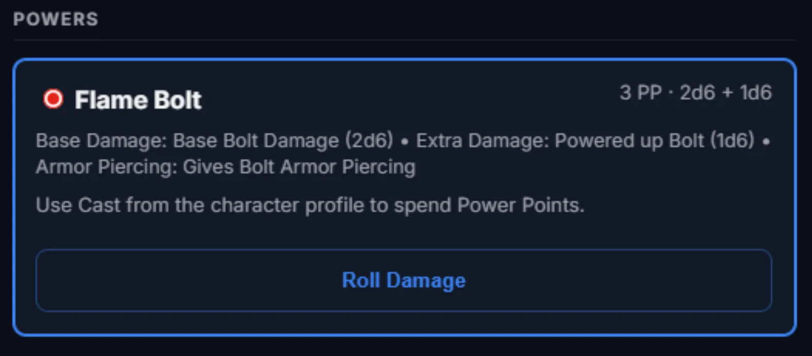SWADE power properties and generated damage macro